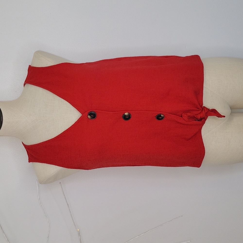 Old Navy Red Sleeveless Button Up Tie Waist Top SZ S